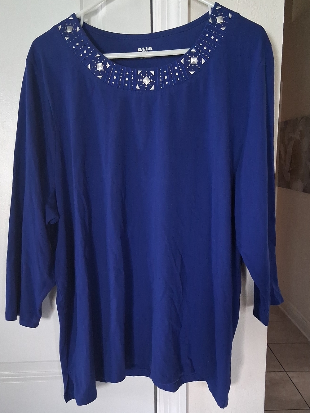 Alia Royal Blue Long Sleeve Top with Embellished Neckline
